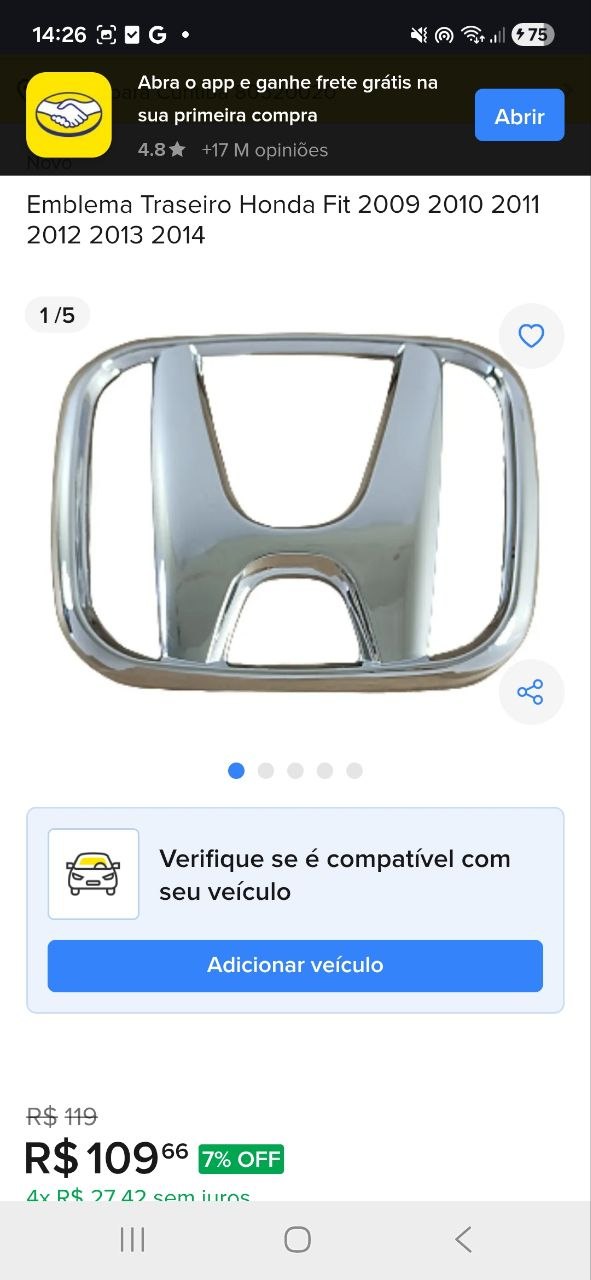 Emblema Tras Honda Fit 2009/2014