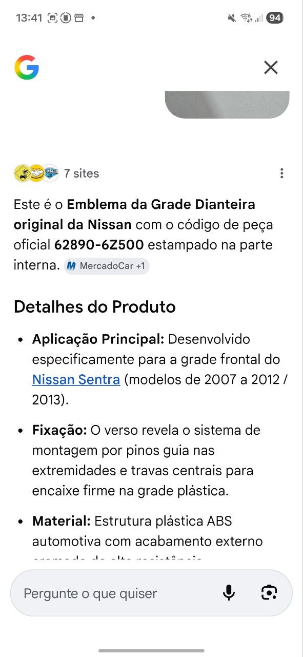 Emblema Grade Diant Nissan Sentra 2007/2013