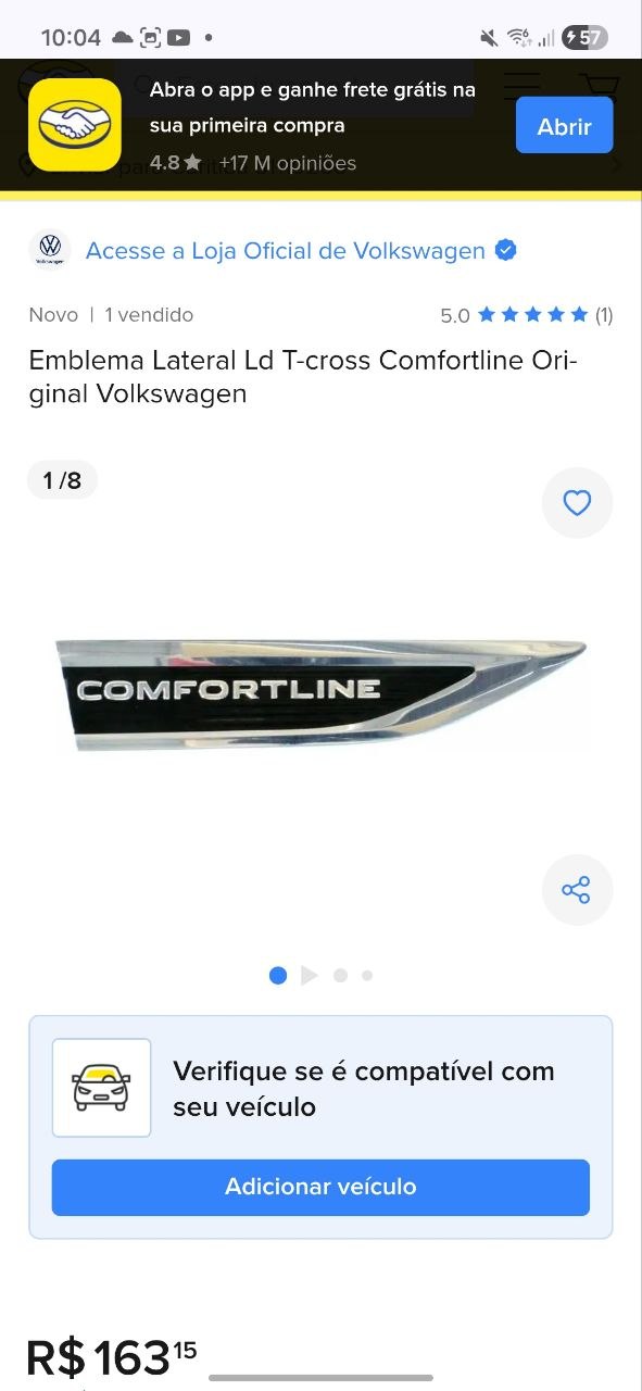 Emblema Lat Volkswagen T-Cross Comfortline 2019/2024