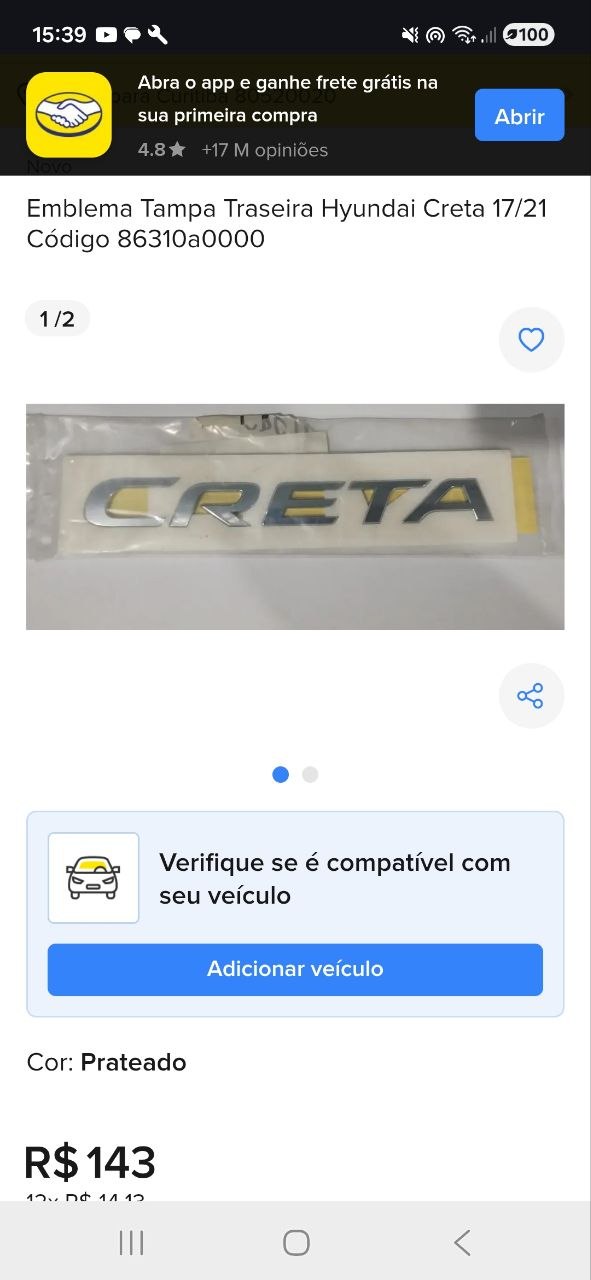 Emblema Tampa Traseira Hyundai Creta 2017/2021 Novo