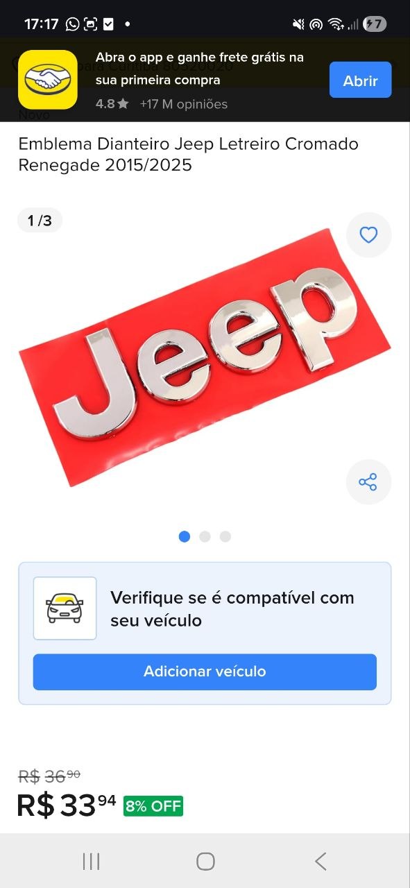 Emblema Diant Jeep Renegade 2015/2025