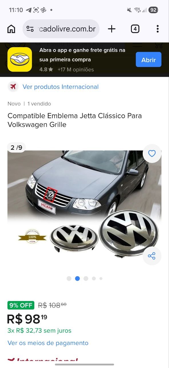 Emblema Diant Volkswagen Jetta Classico 2008/2013