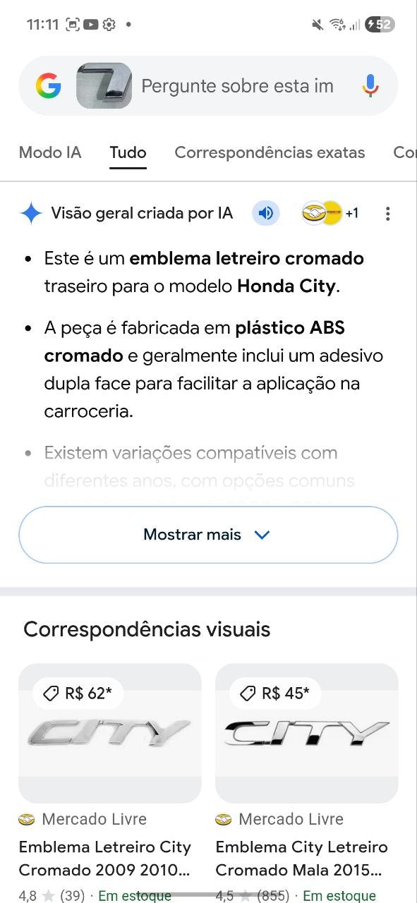 Emblema Traseiro Honda City 2009/2021