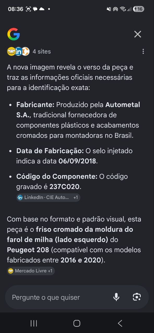 Friso Cromado Farol de Milha Esquerdo Peugeot 208 2016/2020 Novo