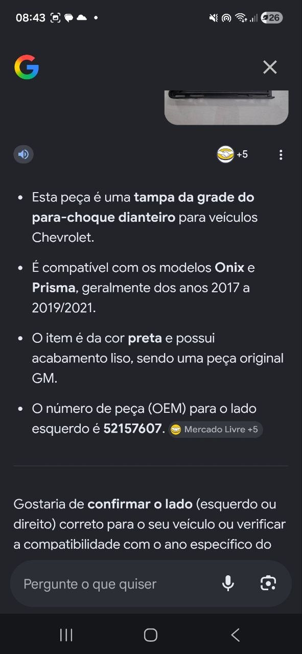 Tampa Grade Para-choque Dianteiro Direita Chevrolet Onix Prisma 2017/2021 Nova