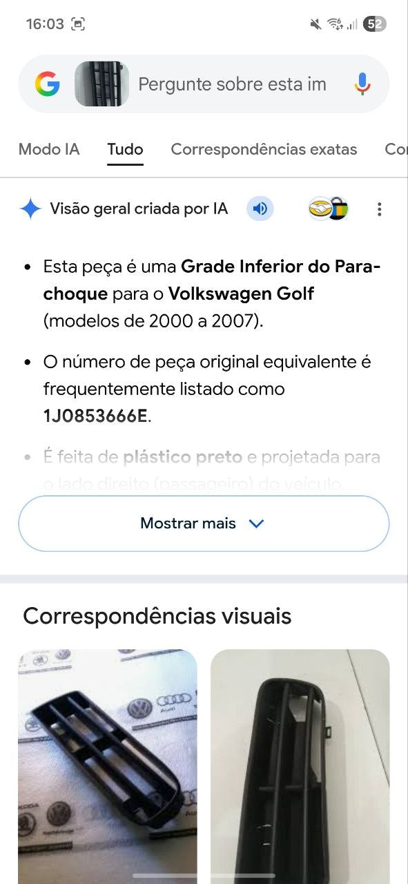 Grade Inferior Para-choque Diant Dir Volkswagen Golf 2000/2007