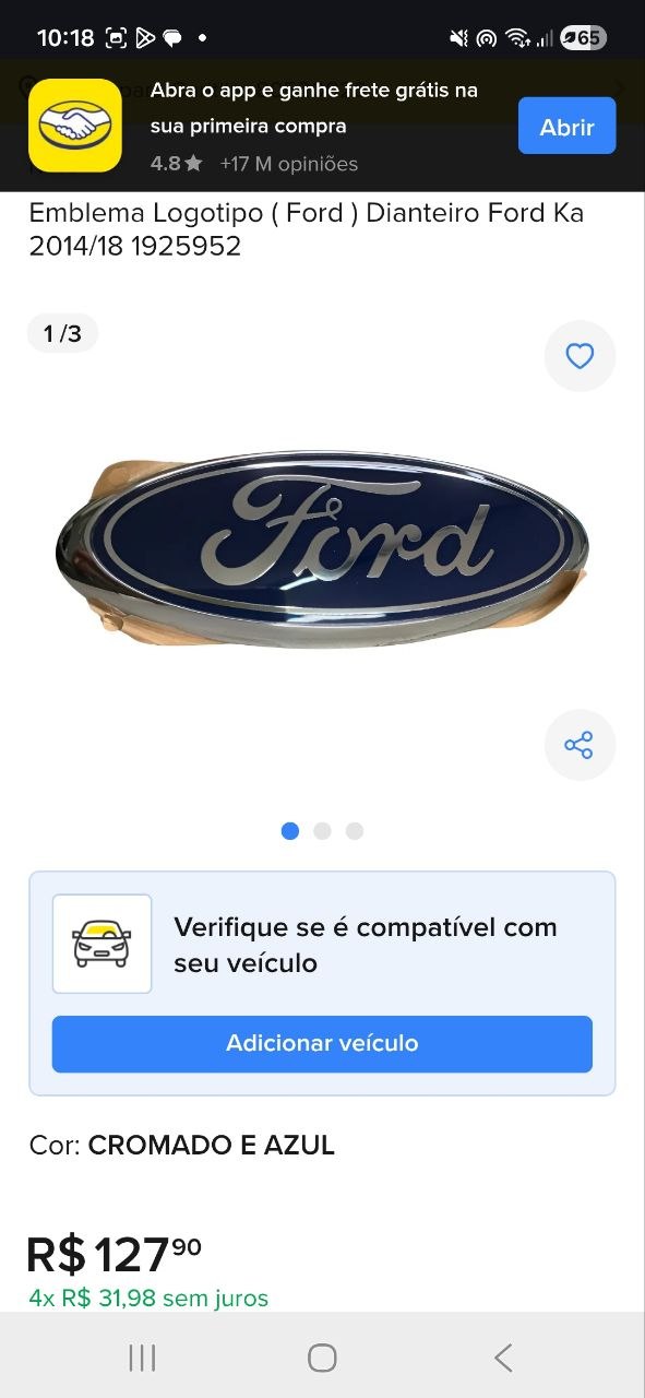 Emblema Logotipo Dianteiro Ford Ka 2014/2018 Novo