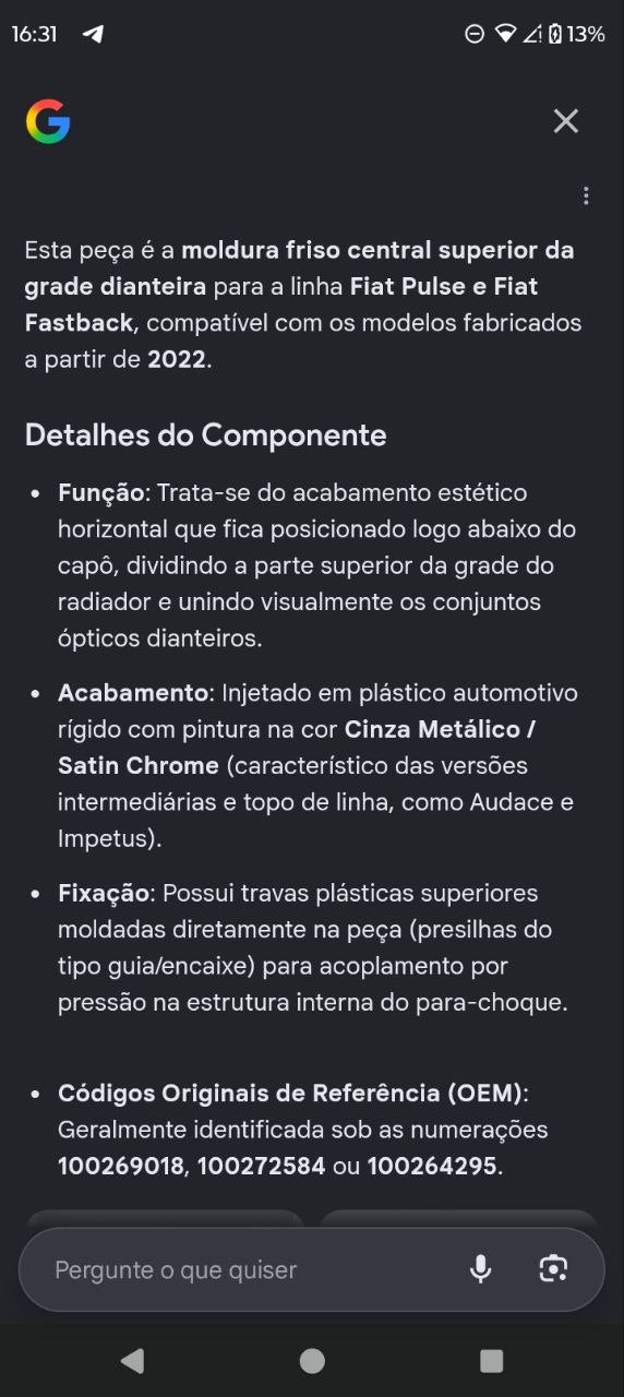 Friso Grade Dianteiro Superior Fiat Pulse Fastback 2022/2024 Novo