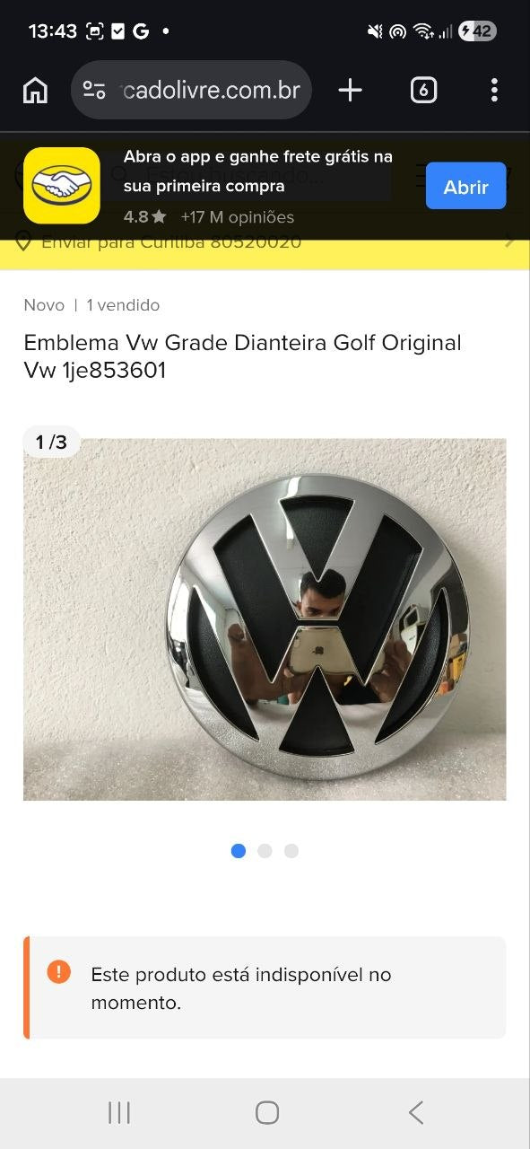 Emblema Grade Diant Volkswagen Golf 1999/2006