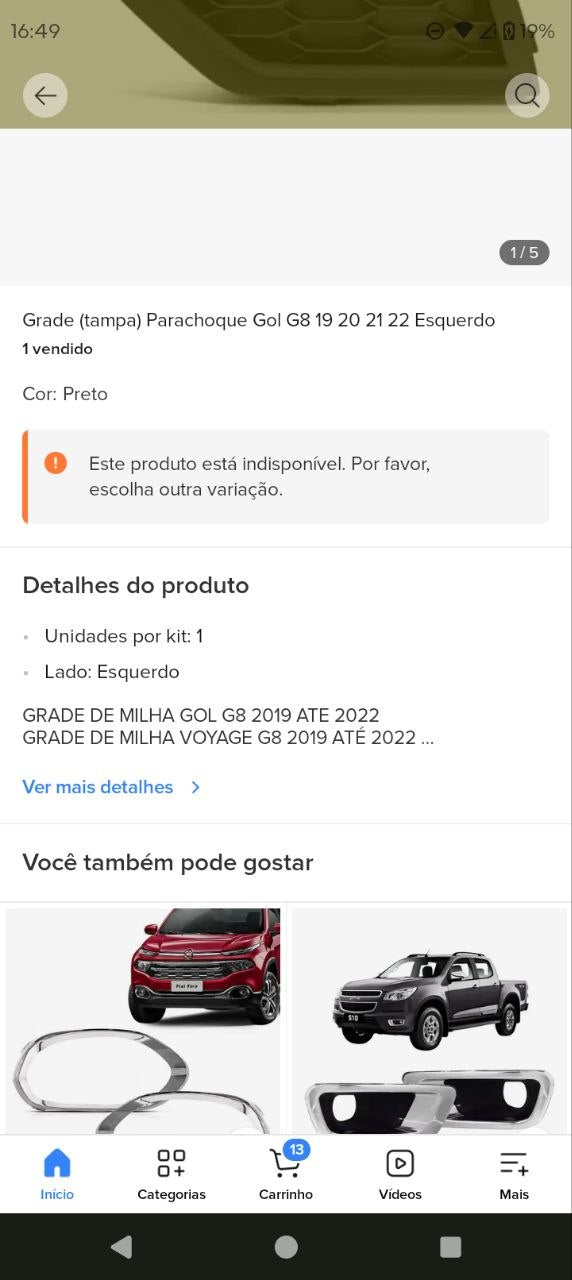 Grade Parachoque Dianteira Esquerda VW Gol/Voyage G8 2019/2022 Nova