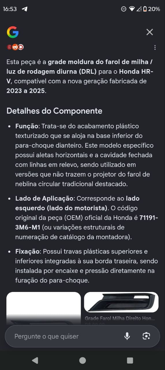 Grade Moldura Farol de Milha Esquerda Honda HR-V 2023/2025 Nova