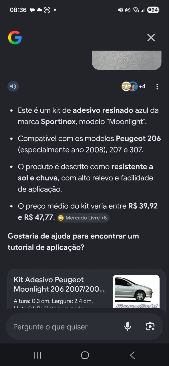 Adesivo Resinado Moonlight Peugeot 206/207/307 2007/2008 Novo