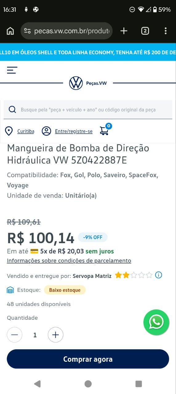 Mangueira Bomba Direção Hidráulica Volkswagen Fox Gol Polo Saveiro SpaceFox Voyage