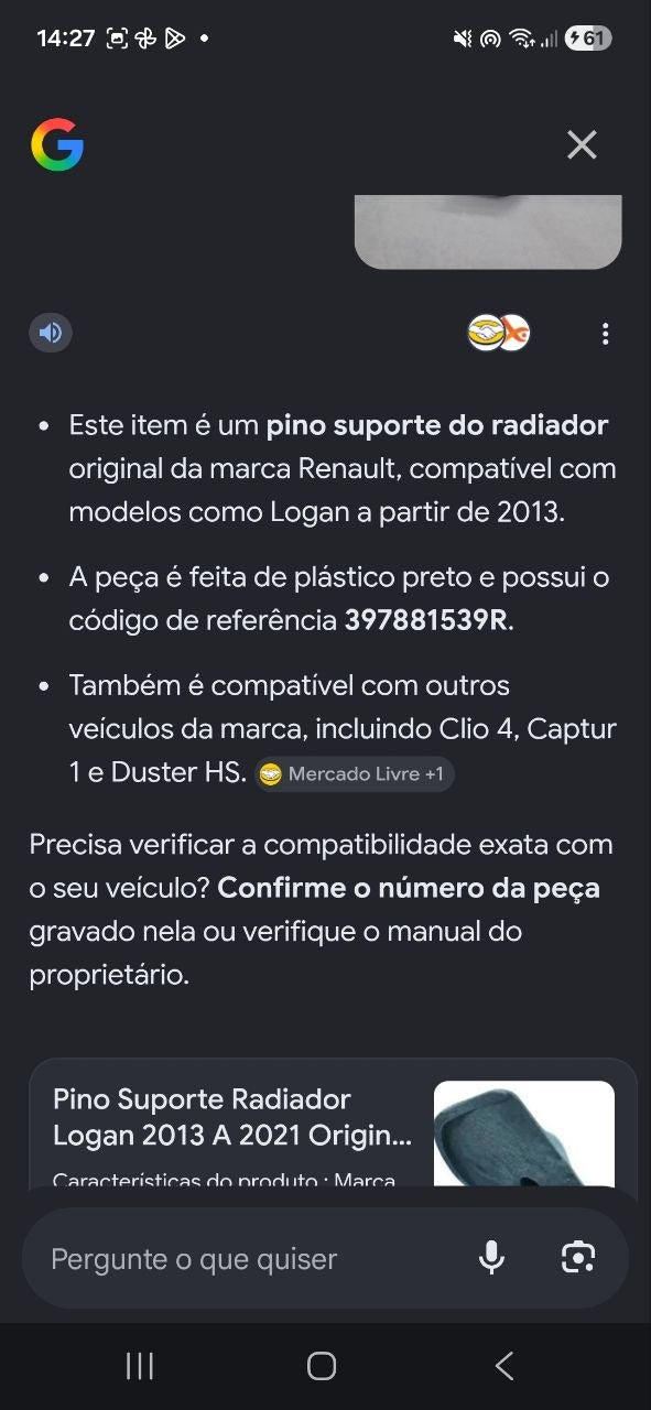 Pino Suporte Radiador Renault Logan/Clio/Captur/Duster 2013/2021 Novo