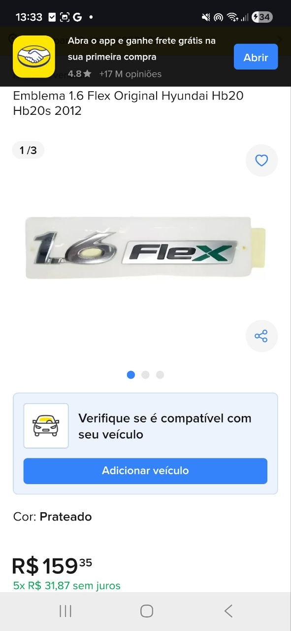 Emblema 1.6 Flex Hyundai HB20 HB20S 2012/2019