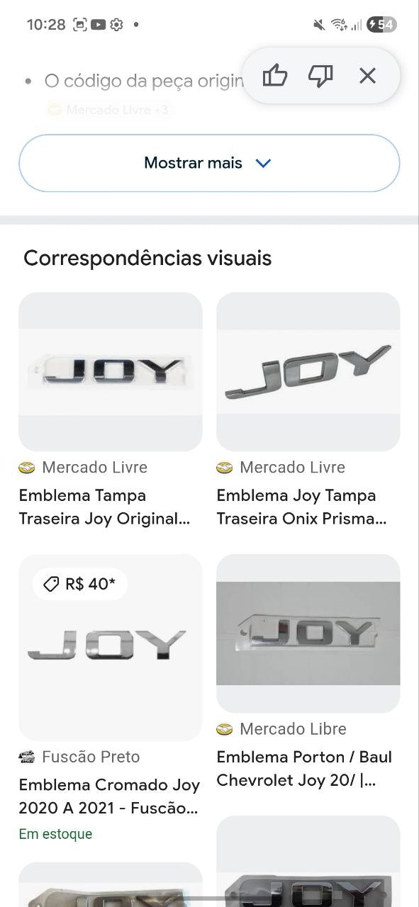 Emblema Tras Tampa Joy Chevrolet Onix/Prisma 2017/2021