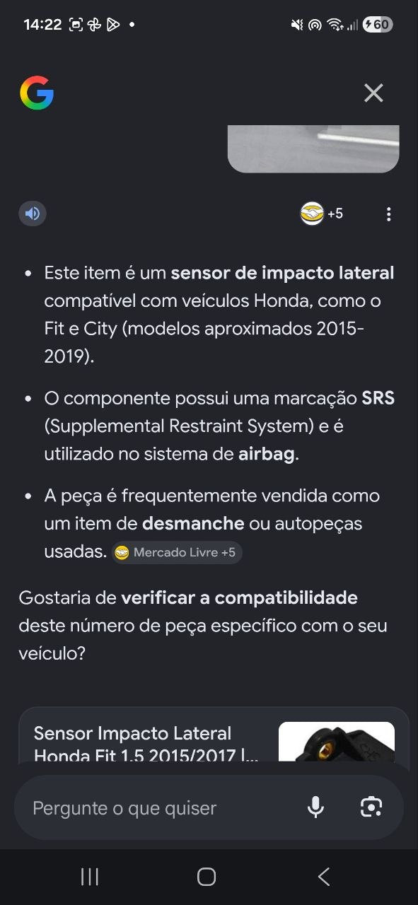 Sensor Impacto Lateral SRS Honda Fit City 2015/2019 Usado