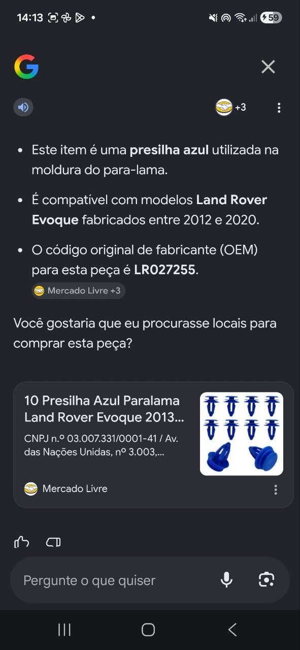 Presilha Moldura Para-lama Land Rover Evoque 2012/2020 Nova