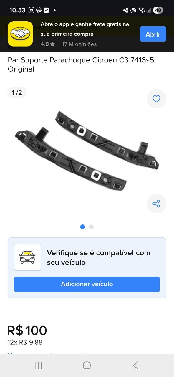 Par Suporte Parachoque Diant Citroen C3 2013/2020