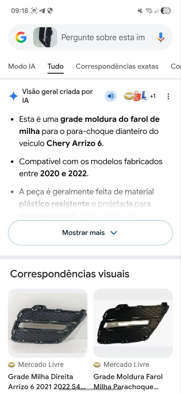 Grade Moldura Farol Milha Diant Dir Chery Arrizo 6 2020/2022