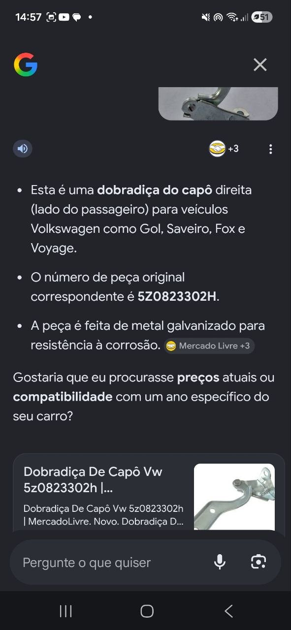 Dobradiça Capô Direita Volkswagen Gol/Saveiro/Fox/Voyage 2008/2014 Nova